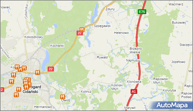 mapa Rywałd gmina Starogard Gdański, Rywałd gmina Starogard Gdański na mapie Targeo