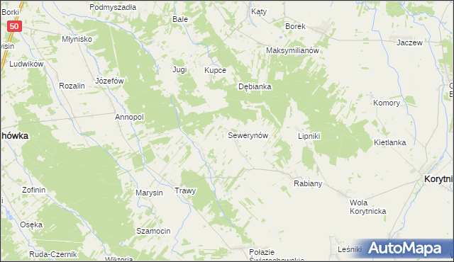 mapa Sewerynów gmina Korytnica, Sewerynów gmina Korytnica na mapie Targeo