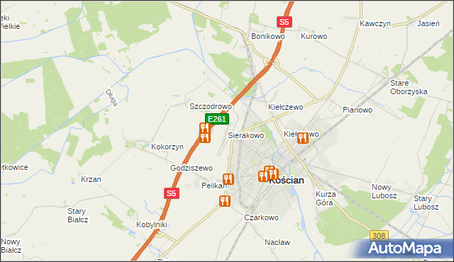 mapa Sierakowo gmina Kościan, Sierakowo gmina Kościan na mapie Targeo