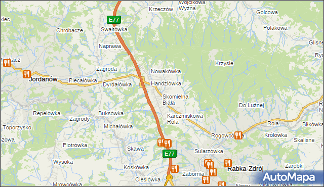 mapa Skomielna Biała, Skomielna Biała na mapie Targeo