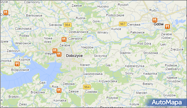 mapa Skrzynka gmina Dobczyce, Skrzynka gmina Dobczyce na mapie Targeo