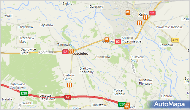 mapa Straszków gmina Kościelec, Straszków gmina Kościelec na mapie Targeo