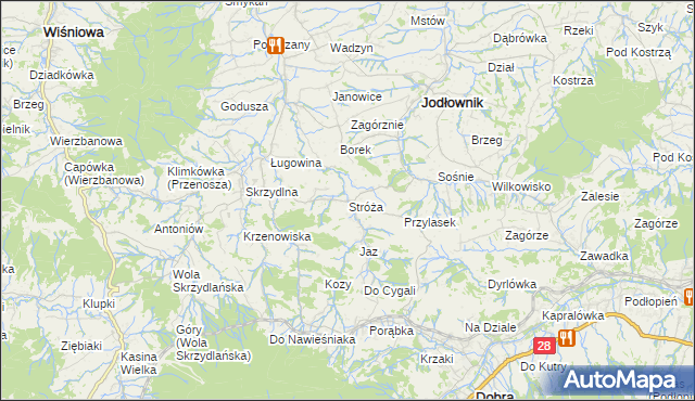 mapa Stróża gmina Dobra, Stróża gmina Dobra na mapie Targeo