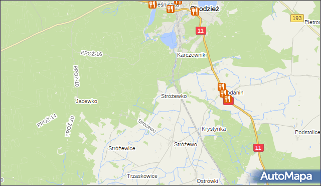 mapa Stróżewko gmina Chodzież, Stróżewko gmina Chodzież na mapie Targeo