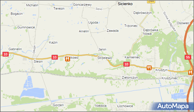 mapa Strzelewo gmina Sicienko, Strzelewo gmina Sicienko na mapie Targeo