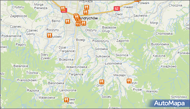 mapa Sułkowice gmina Andrychów, Sułkowice gmina Andrychów na mapie Targeo