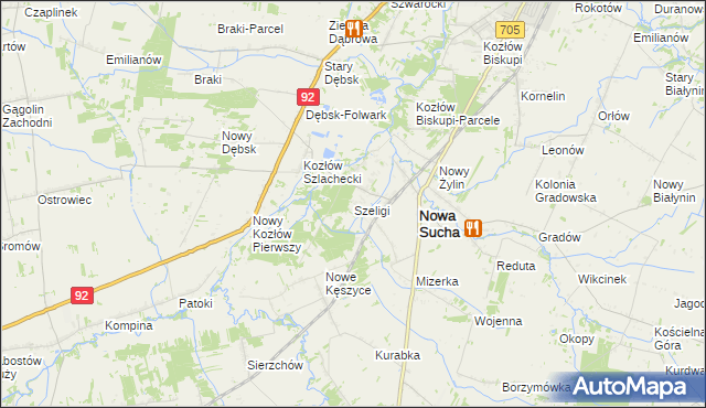 mapa Szeligi gmina Nowa Sucha, Szeligi gmina Nowa Sucha na mapie Targeo