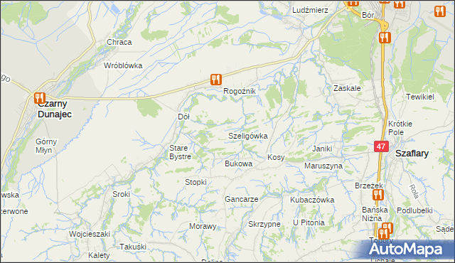 mapa Szeligówka gmina Czarny Dunajec, Szeligówka gmina Czarny Dunajec na mapie Targeo