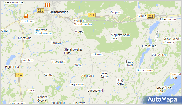 mapa Szklana gmina Sierakowice, Szklana gmina Sierakowice na mapie Targeo