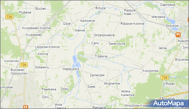mapa Trzebina gmina Drzewica, Trzebina gmina Drzewica na mapie Targeo