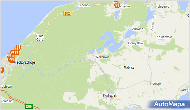 mapa Warnowo gmina Wolin, Warnowo gmina Wolin na mapie Targeo