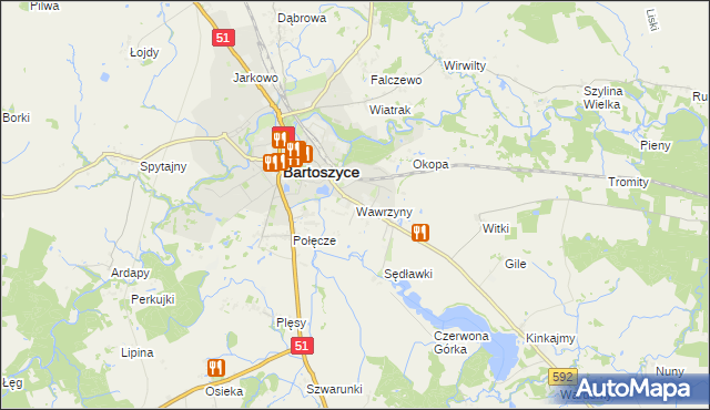 mapa Wawrzyny gmina Bartoszyce, Wawrzyny gmina Bartoszyce na mapie Targeo