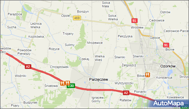 mapa Wielka Wieś gmina Parzęczew, Wielka Wieś gmina Parzęczew na mapie Targeo