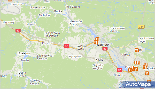 mapa Wielka Wieś gmina Wąchock, Wielka Wieś gmina Wąchock na mapie Targeo