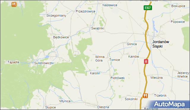 mapa Winna Góra gmina Jordanów Śląski, Winna Góra gmina Jordanów Śląski na mapie Targeo
