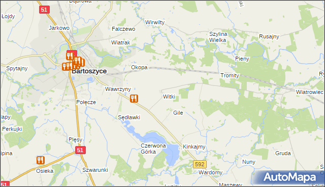 mapa Witki gmina Bartoszyce, Witki gmina Bartoszyce na mapie Targeo