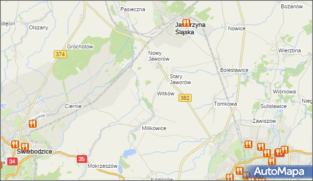 mapa Witków gmina Jaworzyna Śląska, Witków gmina Jaworzyna Śląska na mapie Targeo