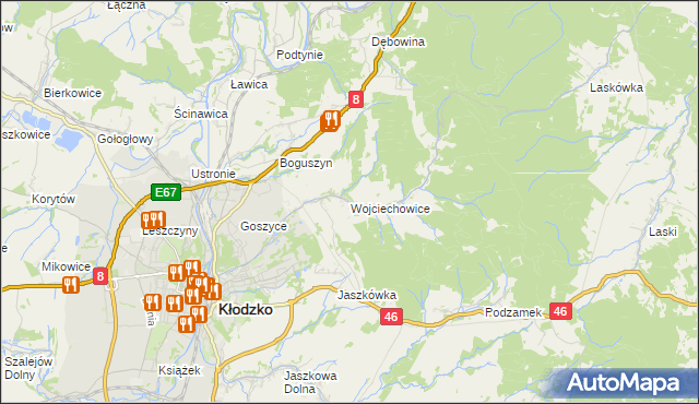 mapa Wojciechowice gmina Kłodzko, Wojciechowice gmina Kłodzko na mapie Targeo