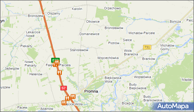 mapa Wojciechówka gmina Promna, Wojciechówka gmina Promna na mapie Targeo