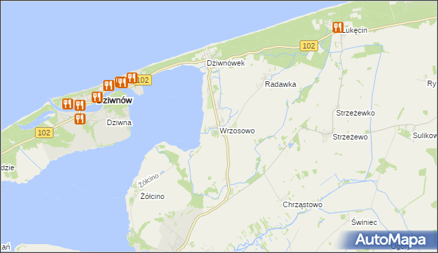 mapa Wrzosowo gmina Kamień Pomorski, Wrzosowo gmina Kamień Pomorski na mapie Targeo