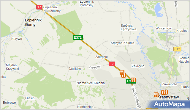 mapa Zakręcie gmina Krasnystaw, Zakręcie gmina Krasnystaw na mapie Targeo