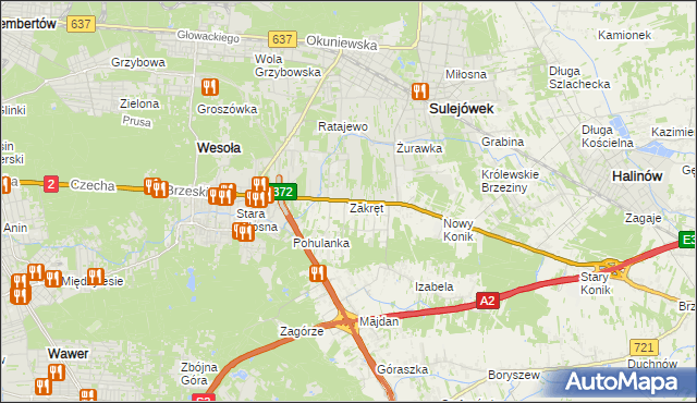 mapa Zakręt gmina Wiązowna, Zakręt gmina Wiązowna na mapie Targeo