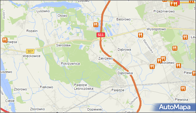mapa Zakrzewo gmina Dopiewo, Zakrzewo gmina Dopiewo na mapie Targeo