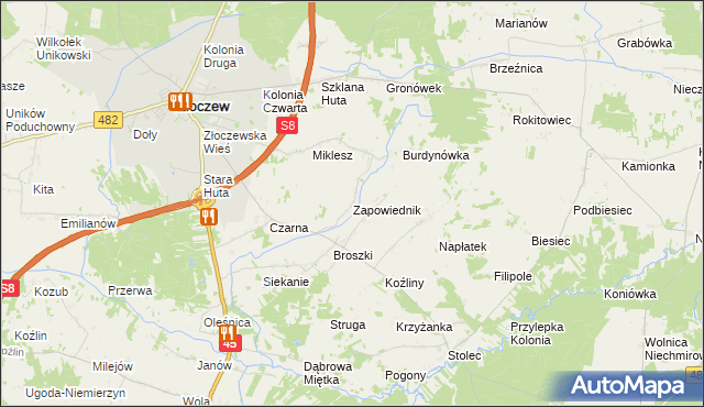 mapa Zapowiednik gmina Złoczew, Zapowiednik gmina Złoczew na mapie Targeo