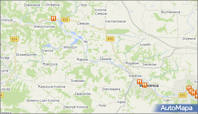 mapa Zawada gmina Wąwolnica, Zawada gmina Wąwolnica na mapie Targeo