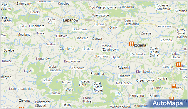 mapa Zbydniów gmina Łapanów, Zbydniów gmina Łapanów na mapie Targeo