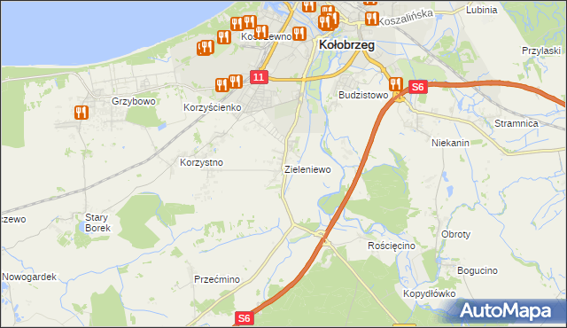 mapa Zieleniewo gmina Kołobrzeg, Zieleniewo gmina Kołobrzeg na mapie Targeo