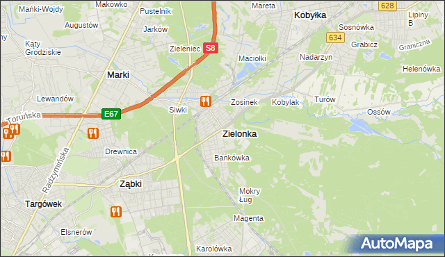 mapa Zielonka powiat wołomiński, Zielonka powiat wołomiński na mapie Targeo