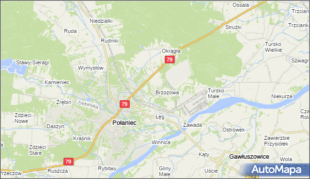 mapa Brzozowa gmina Połaniec, Brzozowa gmina Połaniec na mapie Targeo