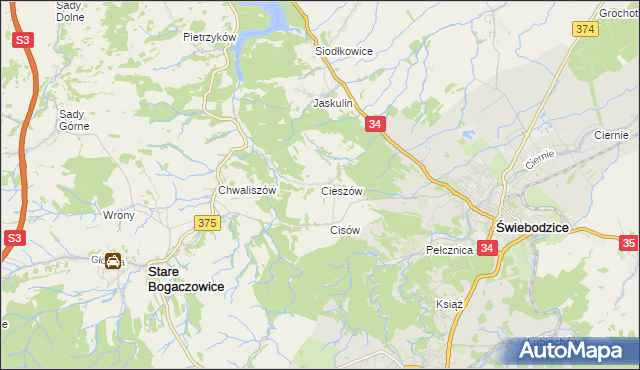 mapa Cieszów gmina Stare Bogaczowice, Cieszów gmina Stare Bogaczowice na mapie Targeo