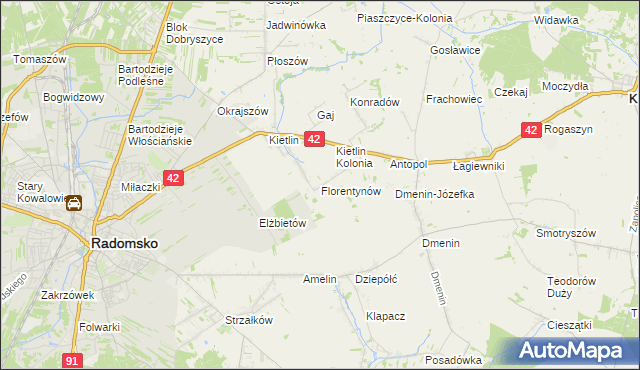 mapa Florentynów gmina Kodrąb, Florentynów gmina Kodrąb na mapie Targeo