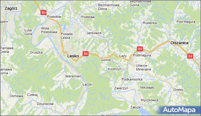 mapa Glinne gmina Lesko, Glinne gmina Lesko na mapie Targeo