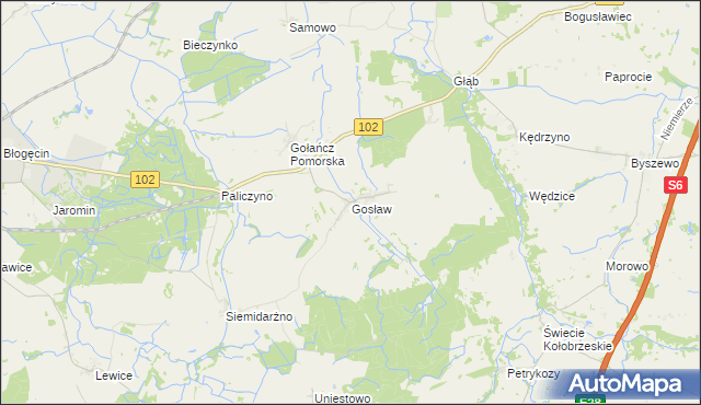 mapa Gosław gmina Trzebiatów, Gosław gmina Trzebiatów na mapie Targeo