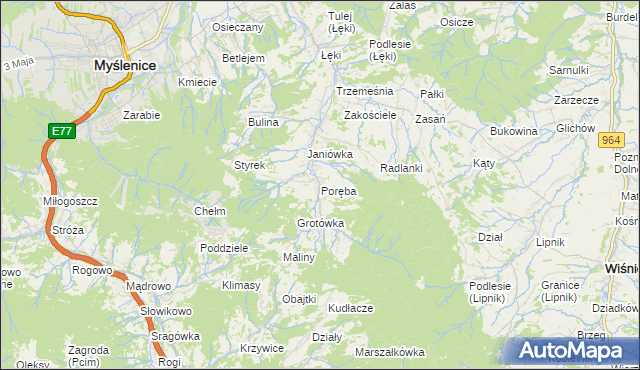 mapa Poręba gmina Myślenice, Poręba gmina Myślenice na mapie Targeo