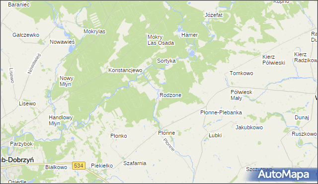 mapa Rodzone gmina Radomin, Rodzone gmina Radomin na mapie Targeo