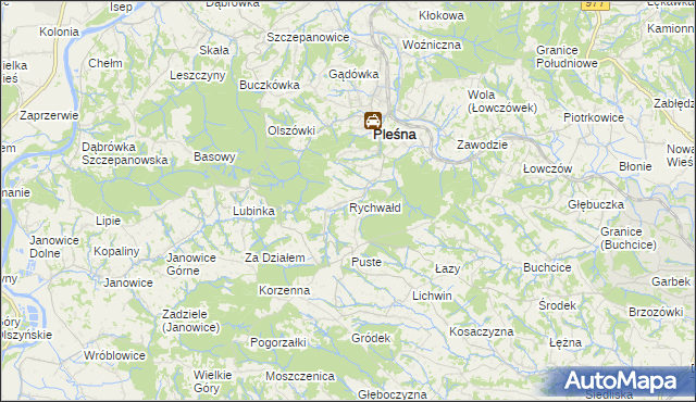 mapa Rychwałd gmina Pleśna, Rychwałd gmina Pleśna na mapie Targeo