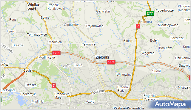 mapa Zielonki powiat krakowski, Zielonki powiat krakowski na mapie Targeo