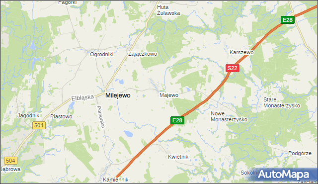 mapa Majewo gmina Milejewo, Majewo gmina Milejewo na mapie Targeo