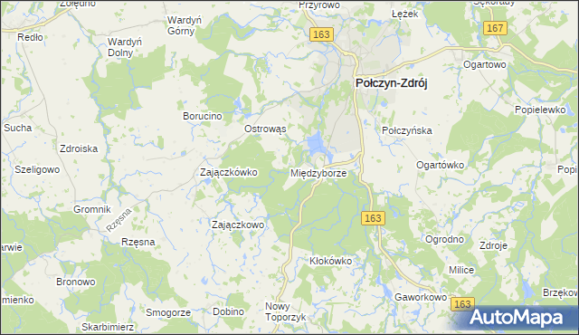 mapa Międzyborze gmina Połczyn-Zdrój, Międzyborze gmina Połczyn-Zdrój na mapie Targeo