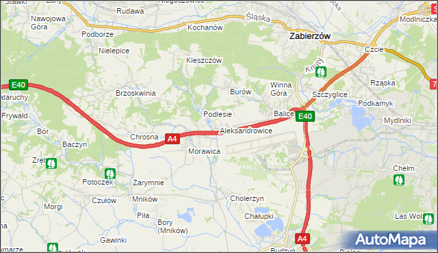 mapa Aleksandrowice gmina Zabierzów, Aleksandrowice gmina Zabierzów na mapie Targeo