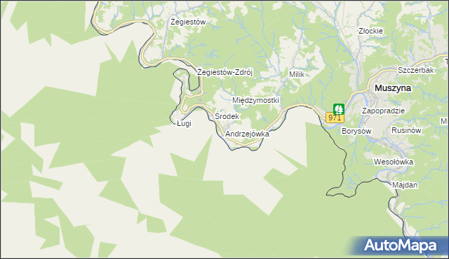 mapa Andrzejówka gmina Muszyna, Andrzejówka gmina Muszyna na mapie Targeo