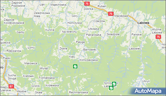 mapa Barnowiec gmina Łabowa, Barnowiec gmina Łabowa na mapie Targeo