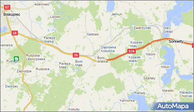 mapa Borki Wielkie gmina Biskupiec, Borki Wielkie gmina Biskupiec na mapie Targeo