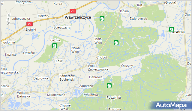 mapa Chobot gmina Niepołomice, Chobot gmina Niepołomice na mapie Targeo