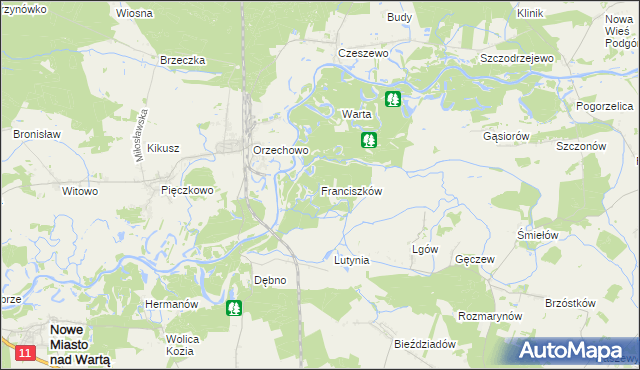 mapa Franciszków gmina Nowe Miasto nad Wartą, Franciszków gmina Nowe Miasto nad Wartą na mapie Targeo