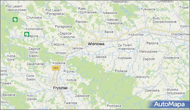 mapa Jazowa gmina Wiśniowa, Jazowa gmina Wiśniowa na mapie Targeo